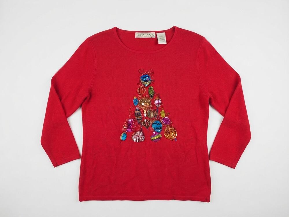 Vintage 90s Lucia Burns L Beaded Christmas Top Sweater Ornament Sparkle Holiday